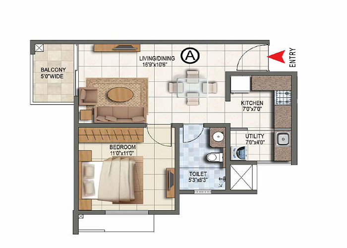1 BHK Floor Plan of Mahindra Zen